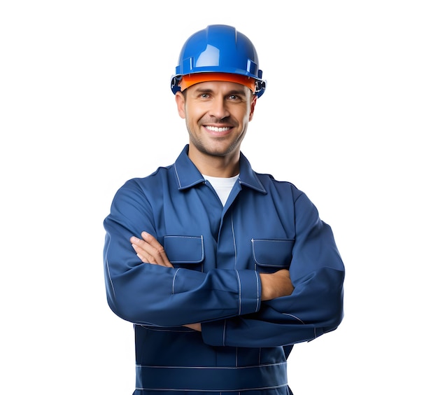 a man wearing a blue hard hat and a blue hard hat