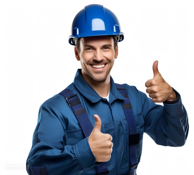 a man wearing a blue hard hat and a blue helmet with the thumbs up