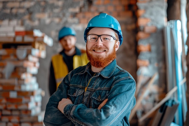 a man wearing a blue hard hat stands in front of a brick wall