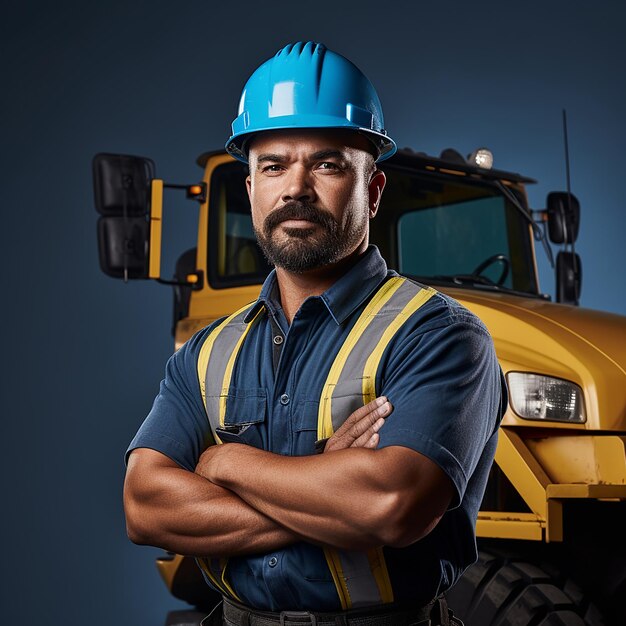 a man wearing a blue hard hat stands in front of a yellow truck