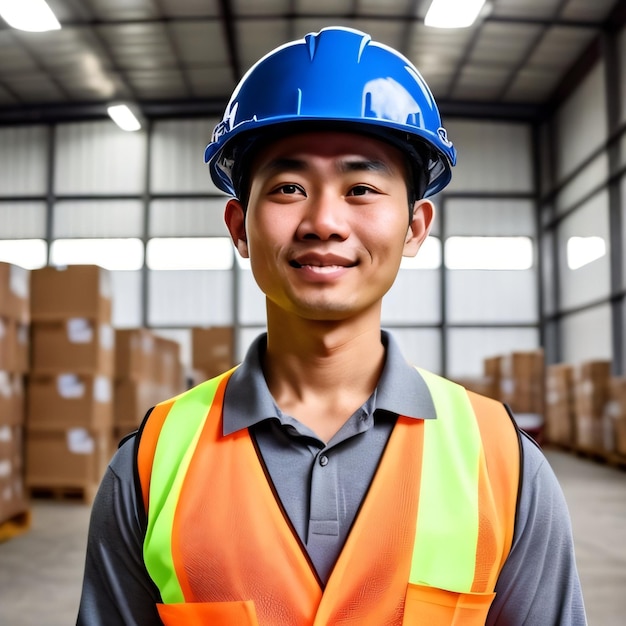 A man wearing a blue hard hat stands in a warehouse with boxes on the floor.