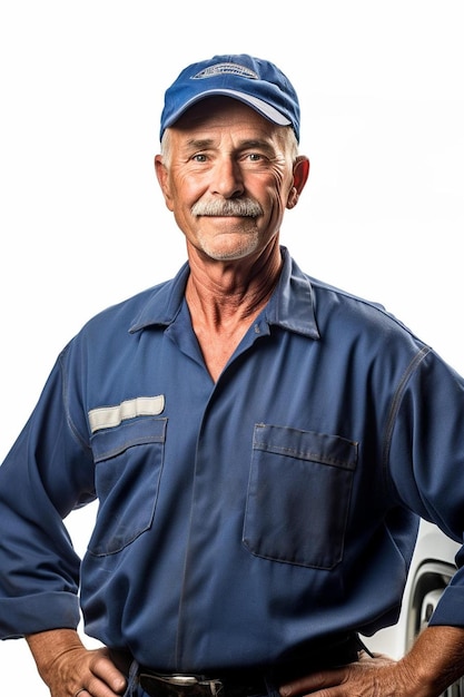 a man wearing a blue hat and a blue shirt with a white mustache