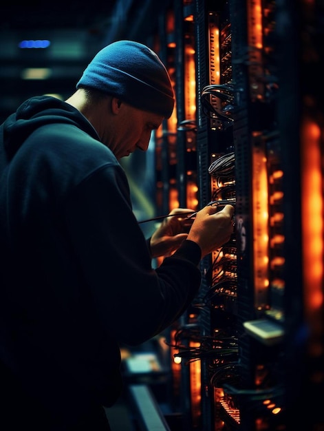 a man wearing a blue hat is looking at his phone.