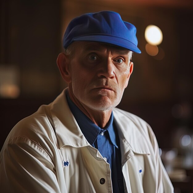 a man wearing a blue hat and a white jacket with the word  blue  on it