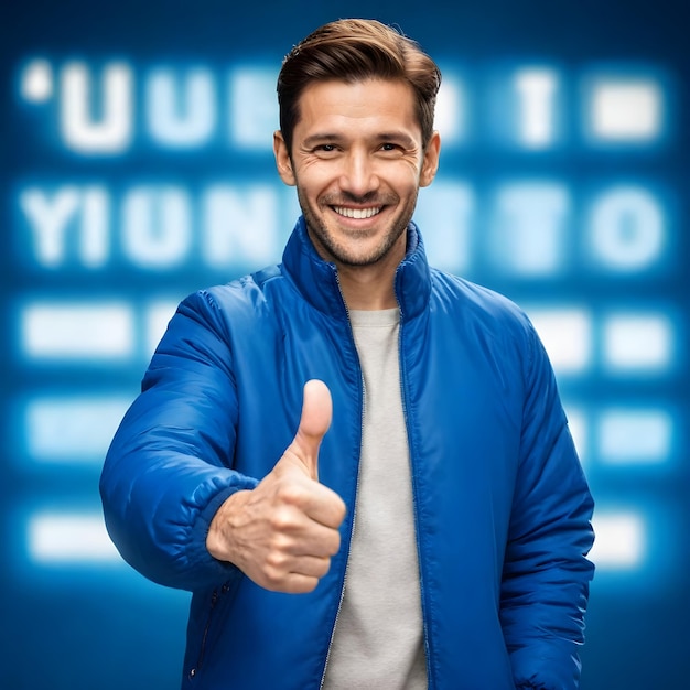 Photo a man wearing a blue jacket that says quot thumbs up quot