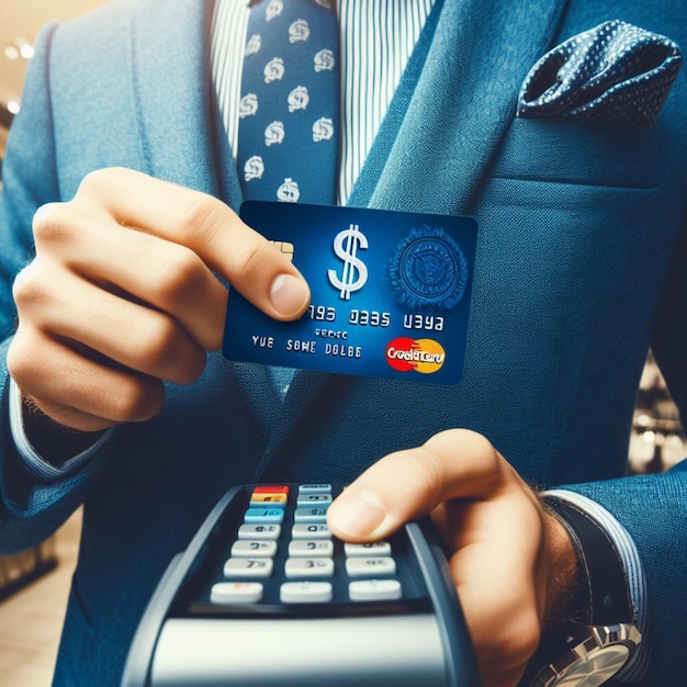 a man wearing a blue jacket with a credit card in his hand