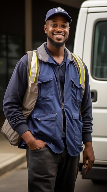 Photo a man wearing a blue jacket with a yellow stripe on it