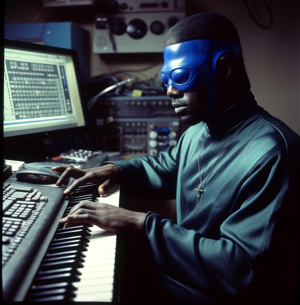 A man wearing a blue mask sits at a keyboard in front of a computer screen.
