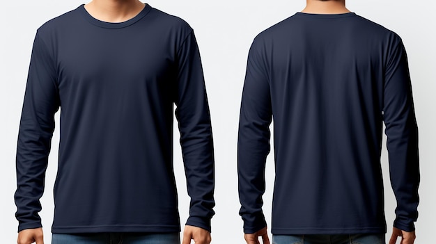 Man wearing a blue Navy Tshirt with long sleeves Front and back view mockup on white background