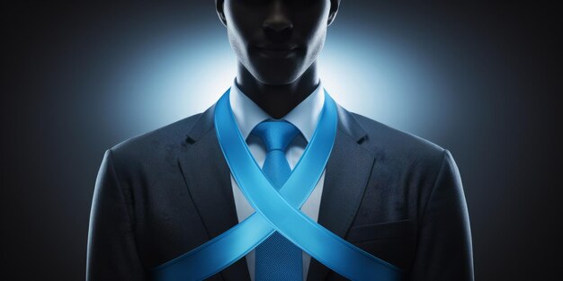 a man wearing a blue ribbon symbolizing support for prostate cancer
