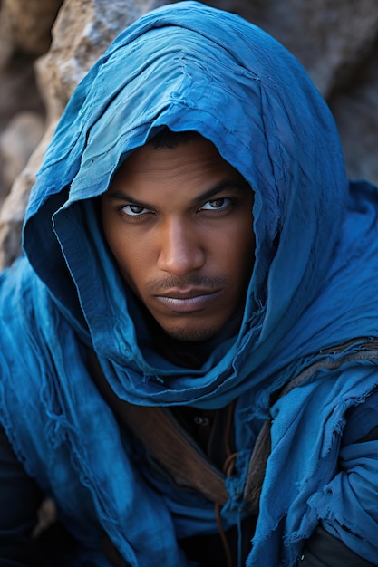 a man wearing a blue scarf