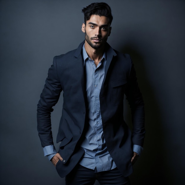 A man wearing a blue shirt and a blue shirt stands in front of a dark background.