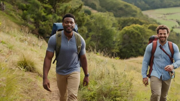 a man wearing a blue shirt is walking in a field with a backpack