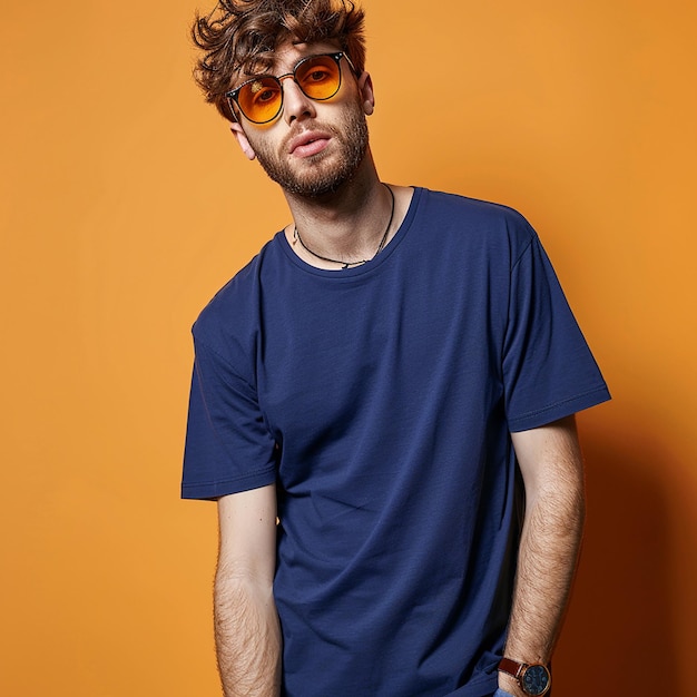 a man wearing a blue shirt and sunglasses stands in front of a orange wall