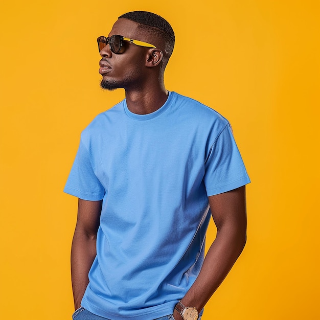 a man wearing a blue shirt and sunglasses stands in the yellow background