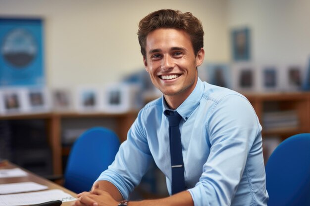 Foto l'uomo con la camicia blu e la cravatta è seduto al tavolo