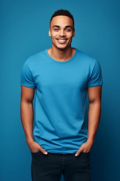 Man wearing a blue tshirt Design tshirt template print presentation mockup