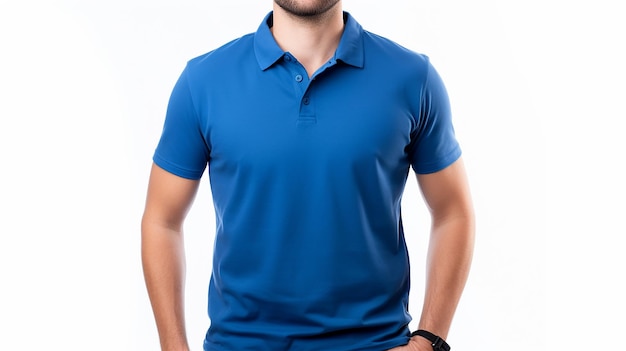 Photo a man wearing a blue and yellow tshirt mockup white background