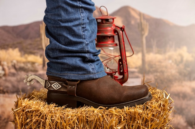 Foto uomo che indossa stivali da cowboy ispirazione