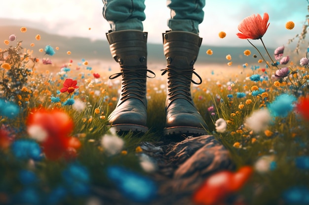 A man wearing boots stands in a field of flowers.