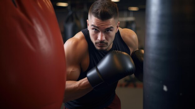 Мужчина в боксерских перчатках в тренажерном зале, готовый драться.