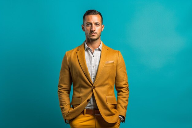 A man wearing a brown blazer and a yellow shirt s