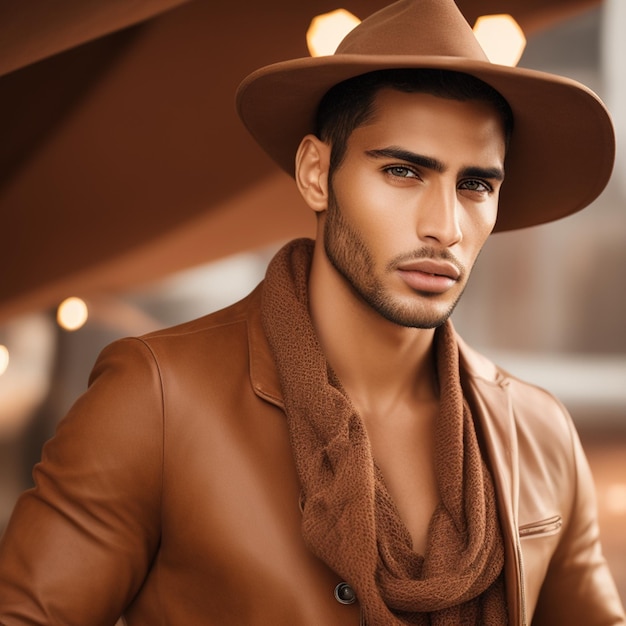 A man wearing a brown hat and a brown jacket