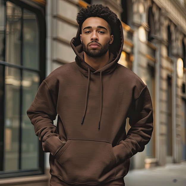 Photo a man wearing a brown hoodie with a beard and a hoodie