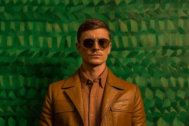 A man wearing a brown jacket and sunglasses stand