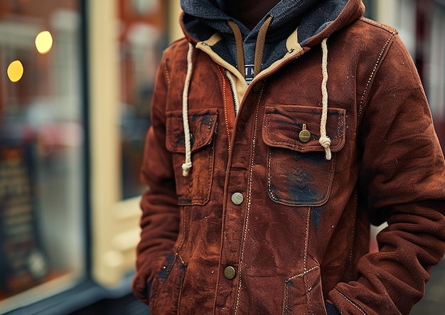 Photo a man wearing a brown jacket with a hoodie on it