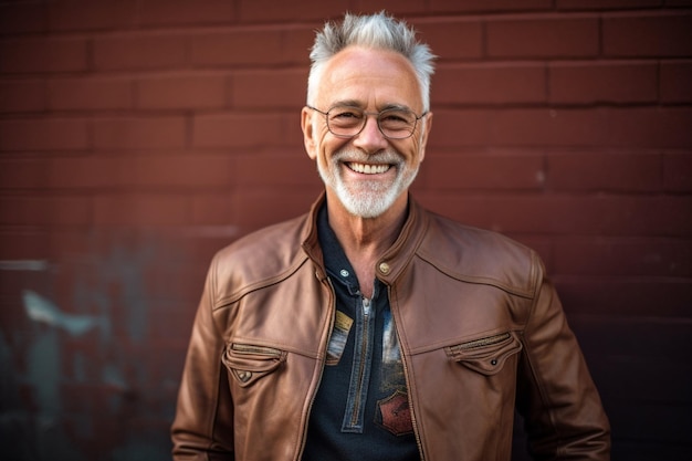 A man wearing a brown leather jacket smiles for t