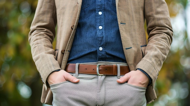 A man wearing a brown suit jacket blue shirt and gray pants with hands in his pockets