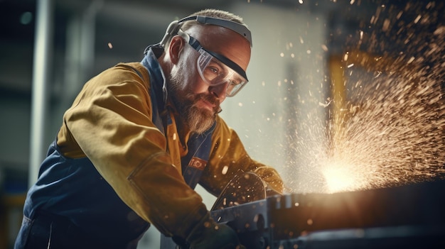 Foto l'uomo che indossa gli occhiali da lavoro sta tagliando un pezzo di ferro.