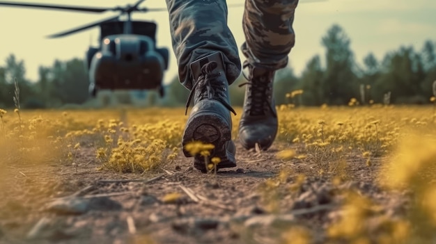 A man wearing camouflage boots walks past a helicopter on a field.