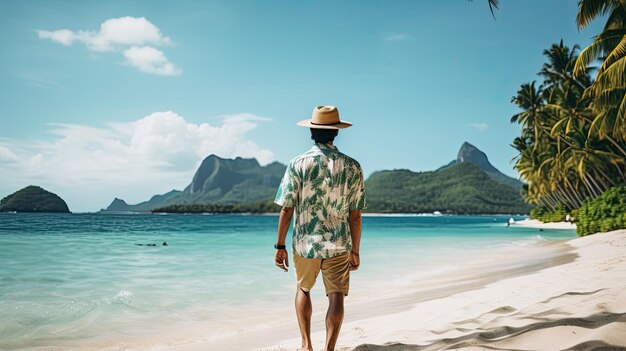 a man wearing casual clothes standing looking at the beach