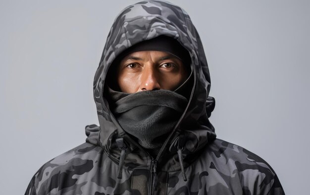 A man wearing a charcoal camo print hoodie