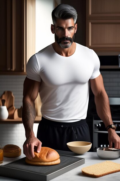 A man wearing a chef hat and apron holding a Pizza Burger