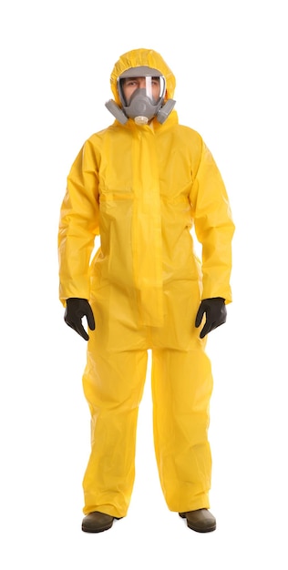 Foto uomo che indossa tuta protettiva chimica su sfondo bianco ricerca sui virus