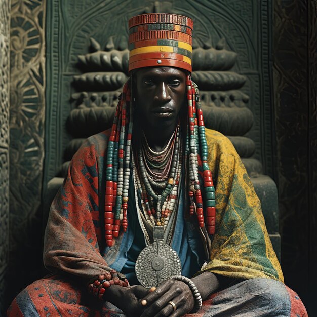 a man wearing a colorful hat sits in front of a large wall with a man wearing a colorful headdress