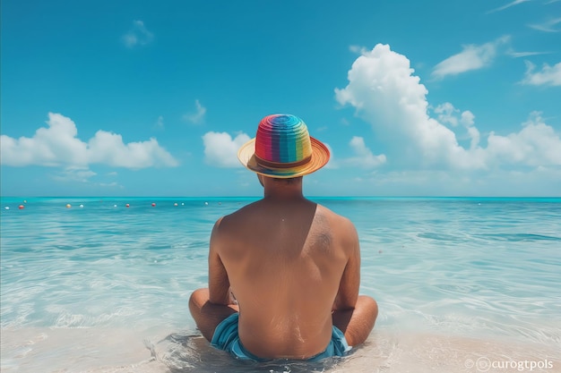 A man wearing a colorful hat sits in the ocean