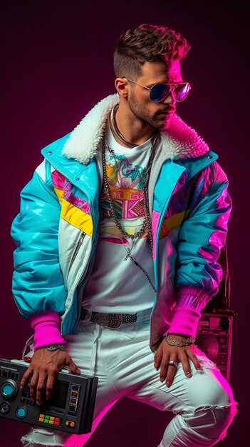 a man wearing a colorful jacket with a colorful design on it.