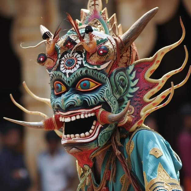 Photo a man wearing a colorful mask with horns on his head