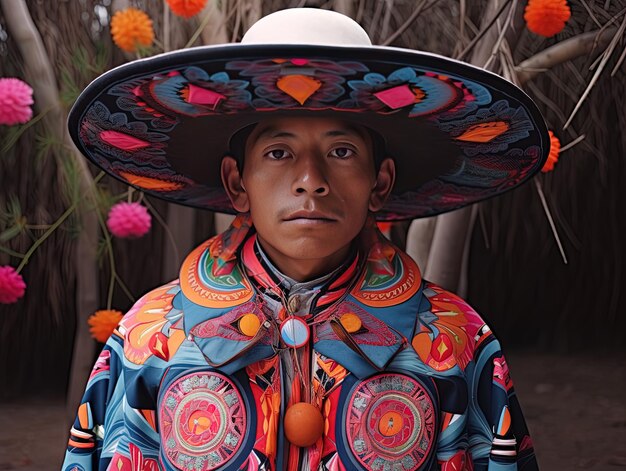 a man wearing a colorful outfit with a colorful pattern on the front