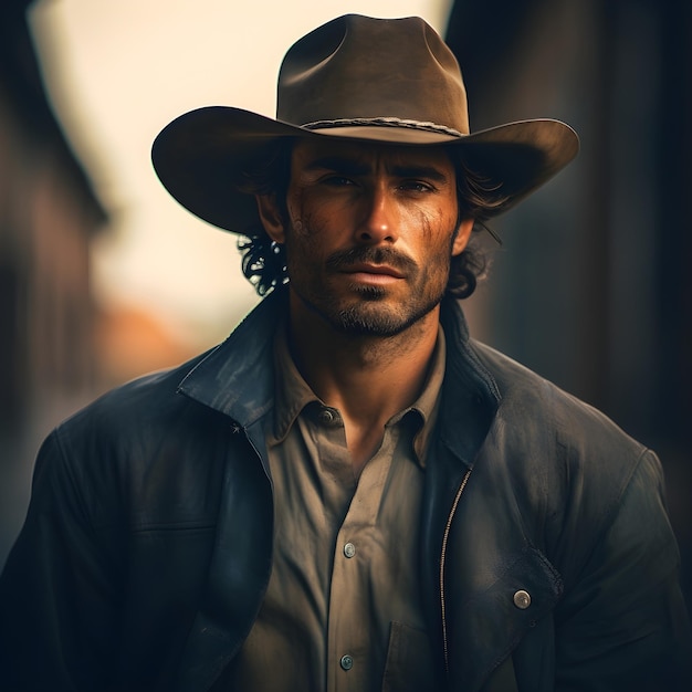 A man wearing a cowboy hat and a leather jacket cowboy portrait