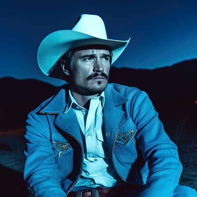 Photo a man wearing a cowboy hat sits in a desert