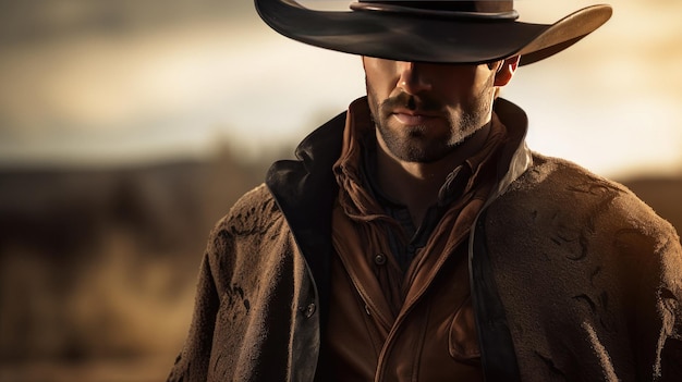 A man wearing a cowboy hat stands in a field.