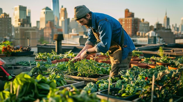 A man wearing a denim shirt and an apron is tending to a rooftop garden