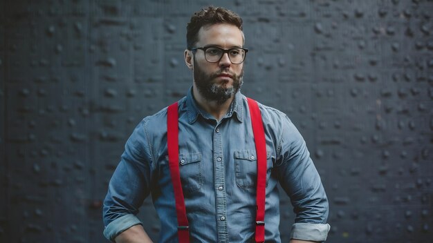 Man wearing denim shirt and red suspenders