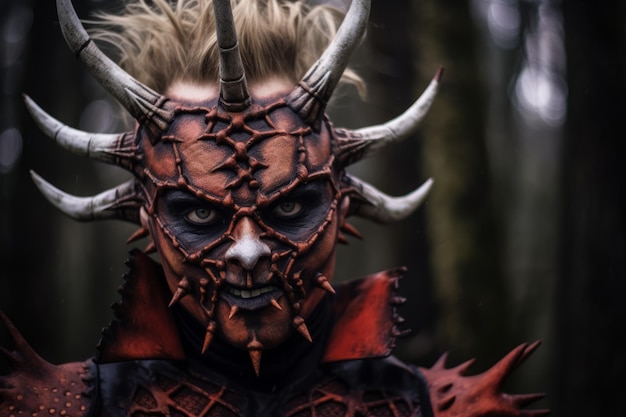 a man wearing a devil mask and horns in the woods