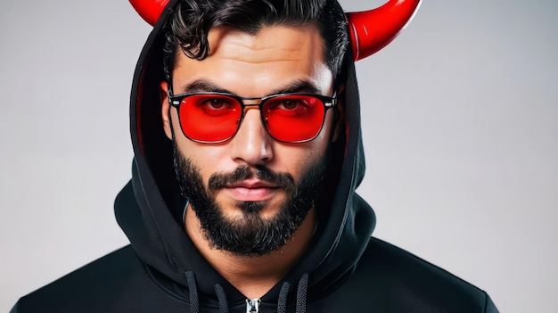 Man Wearing Devil Mask and Red Glasses